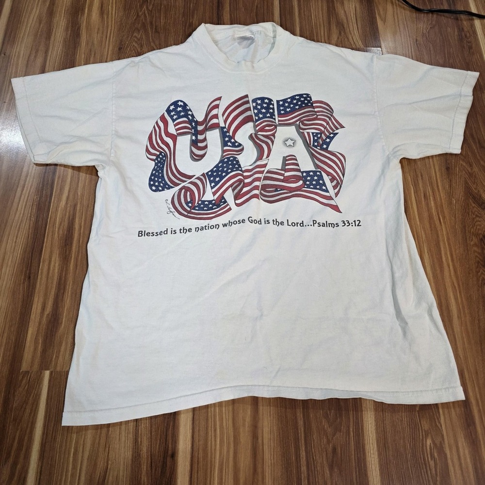 Hanes USA Blessed Nation Shirt Mens Large White Psalm 33:12 Christian Flag Tee